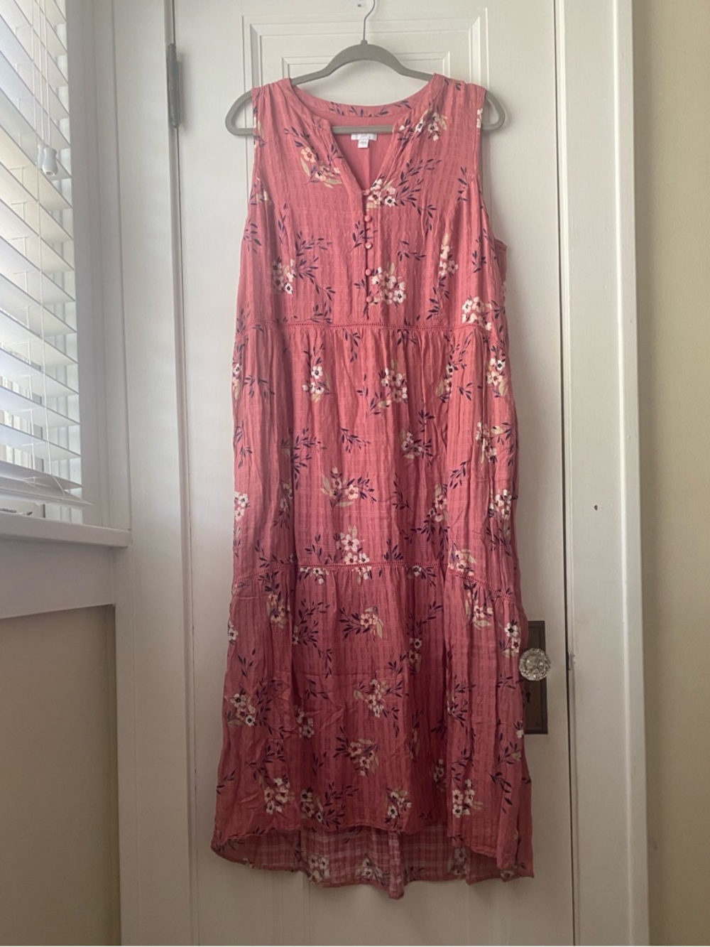 J Jill airy salmon pink floral tiered maxi dress basketweave fabric L